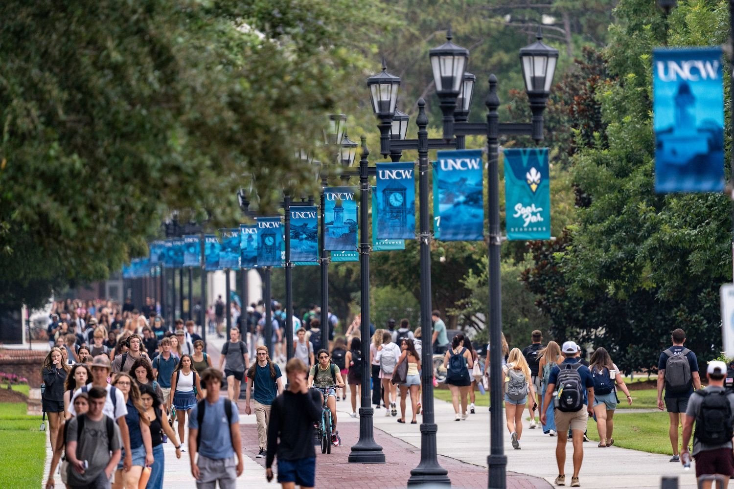 Students walking along a tree-lined pathway at the University of North Carolina Wilmington, with UNCW banners hanging from the lampposts